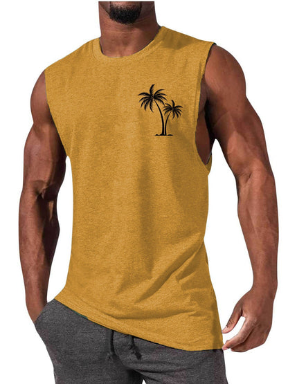 Coconut Tree Embroidery Vest Summer Beach Tank Tops Workout Muscle Men Sports Fitness T-shirt