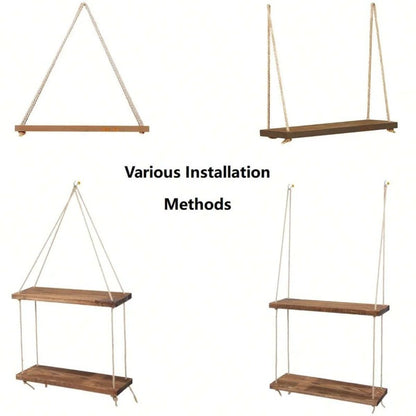 Wooden Swing Hanging Hemp Rope Wall Shelve Mounted Floating Home Living Room Plant Flower Pot Tray Storage Garden Decoration