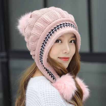 Cozy Knit Fleece-Feel Beanie With Ear Flaps & Pompom Warm Winter Hat For Women Perfect For Skiing & Outdoor Activities