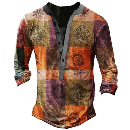 Casual V-neck Long Sleeve Digital Print Slim Pullover Men's T-shirt