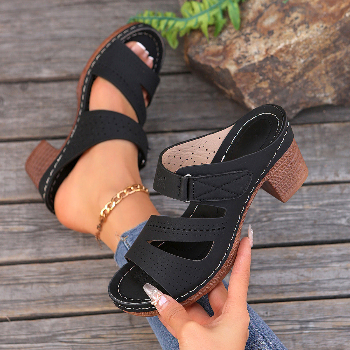 Square-heeled Peep-toe Slides Shoes Summer Casual Chunky Heel Sandals Solid Color Slippers