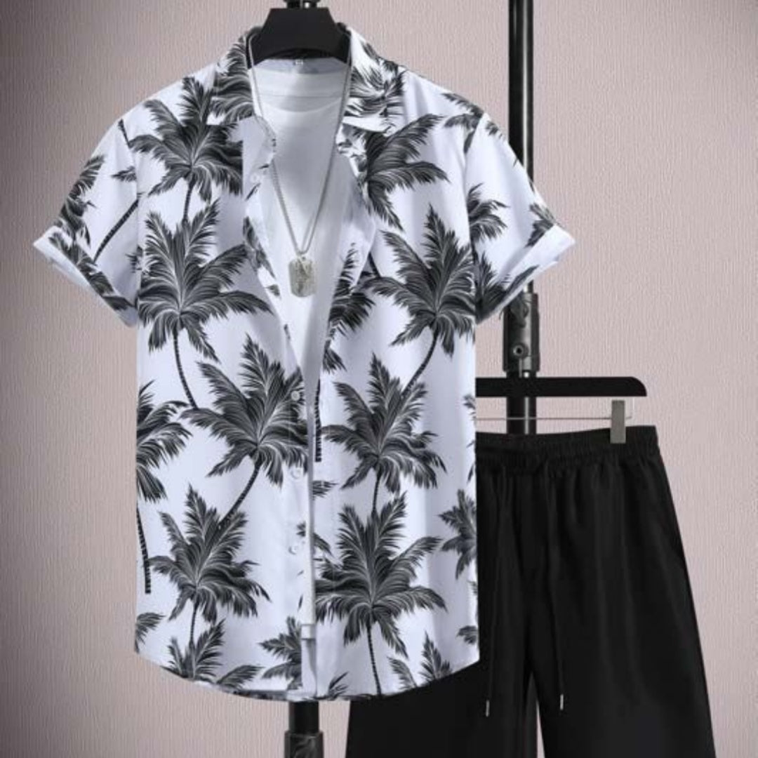 Men's Casual Ice Silk Micro-elastic Printed Short-sleeved Shirt Shorts Suit