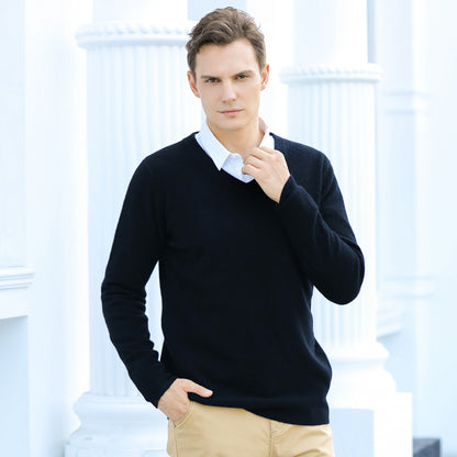 Men's V-neck Long Sleeved Solid Color Sweater