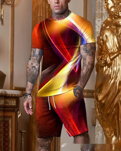 Men's Casual Short Sleeve Round Neck Gradient Colorful Suit