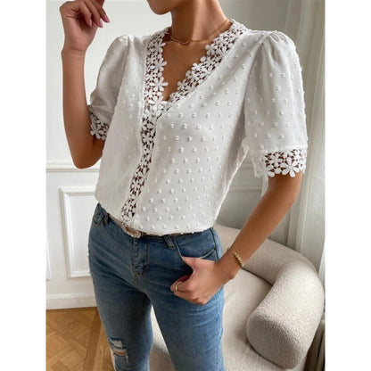 Floral Lace Short Sleeve Shirt Summer Fashion V-Neck Tops Women's Clothing