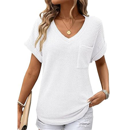 V-neck Summer Short Sleeve Waffle Pocket Shirt