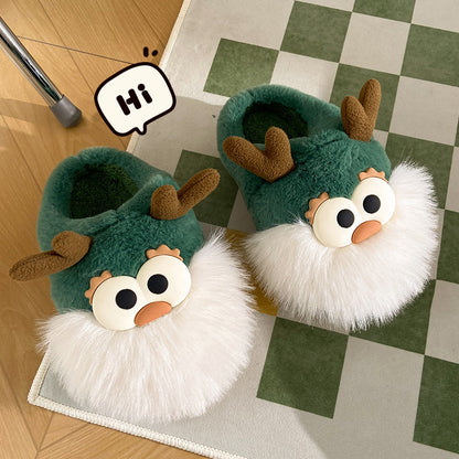 Cute Cartoon Christmas Deer Cotton Shoes Winter Indoor Floor Home Slippers Half-covered Heel Warm Plush Shoes Women