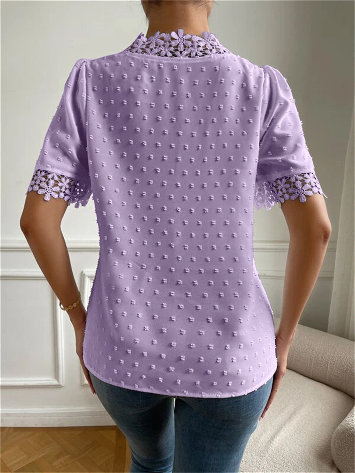 Floral Lace Short Sleeve Shirt Summer Fashion V-Neck Tops Women's Clothing