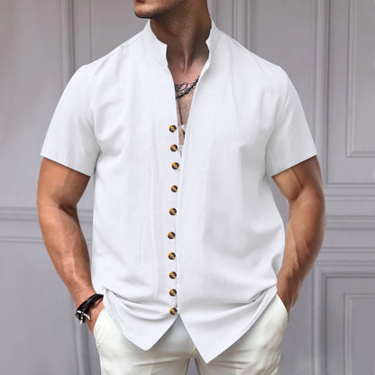 Linen Button Stand Collar Short Sleeve Shirt