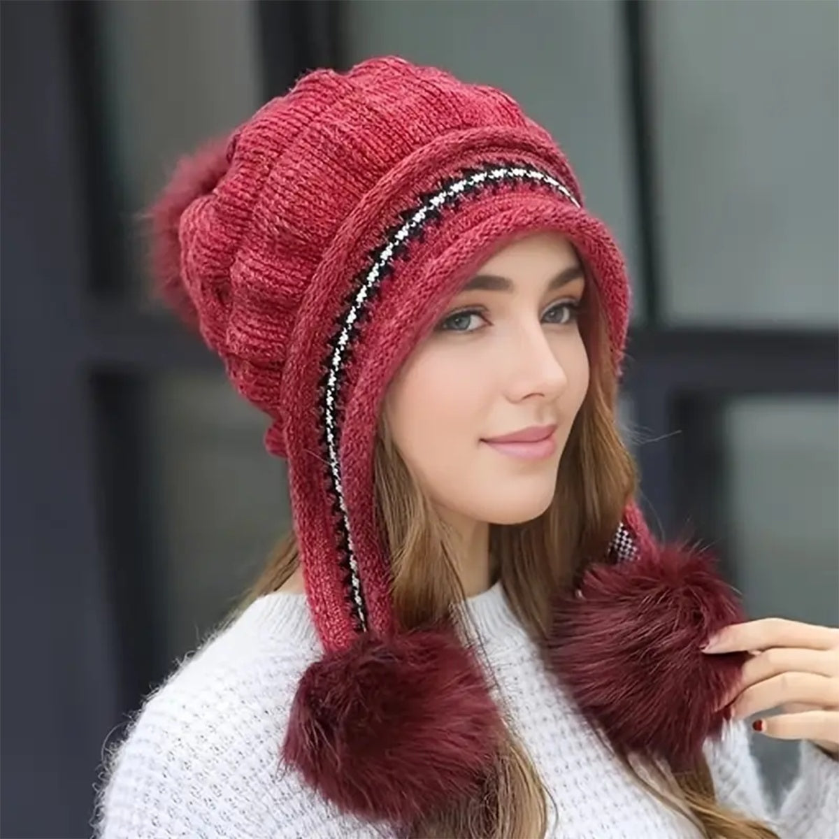 Cozy Knit Fleece-Feel Beanie With Ear Flaps & Pompom Warm Winter Hat For Women Perfect For Skiing & Outdoor Activities