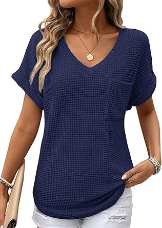 V-neck Summer Short Sleeve Waffle Pocket Shirt