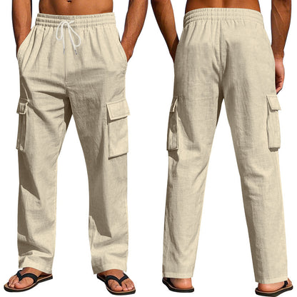 Men's Workwear Multi-pocket Straight Linen Pants Linen Four Seasons Thin Breathable Cargo Pants, Multi-pocket Loose Casual Trendy Wide-leg Pants