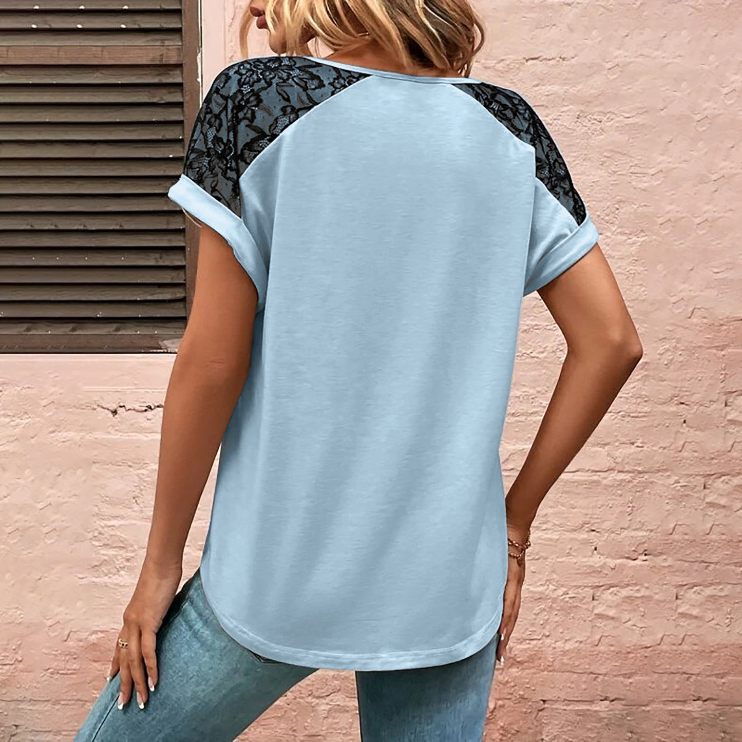 Women's T-Shirt Lace Stitching V-neck Top With Button Casual Summer Short Sleeve Pullover Shirt