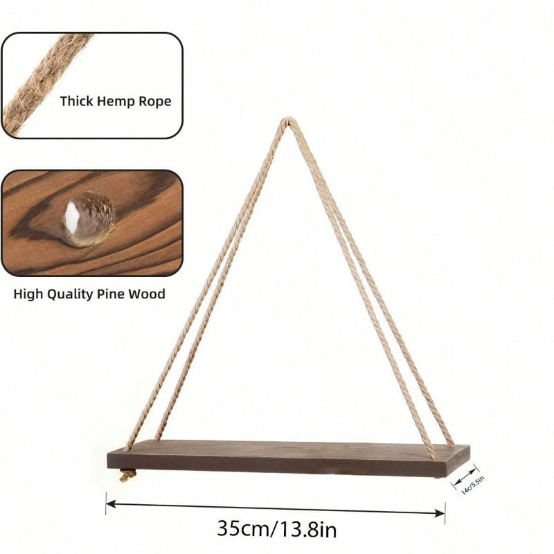 Wooden Swing Hanging Hemp Rope Wall Shelve Mounted Floating Home Living Room Plant Flower Pot Tray Storage Garden Decoration