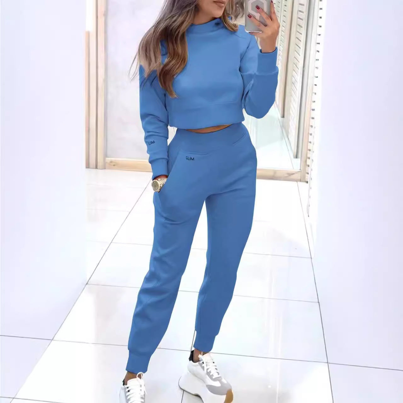 Stand Collar Sports Suit Fashion Pullover Long-sleeves Short Top And Slim Trousers With Pockets Solid Outfits Women's Clothing