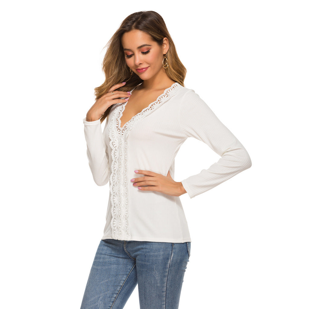 New Lace Long Sleeve Sweater Bottoming Shirt Women's Slim Stretch Top