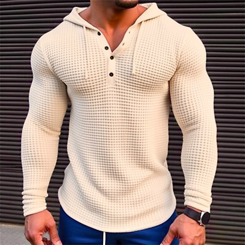 Men's Pullover Casual Long Sleeve T-shirt Waffler Slim Tops Sweat-shirt Solid Color Comfortable Mens Outdoor Streetwear S-3XL