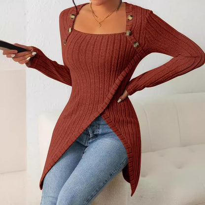 Square Collar Irregular Knitted Top With Button Design Fashion Solid Long-sleeved Long Top For Women Clothing