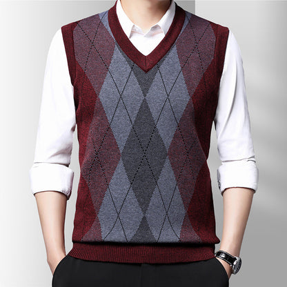 Winter New Men's Sleeveless Knitted Sweater Casual Plaid Vest