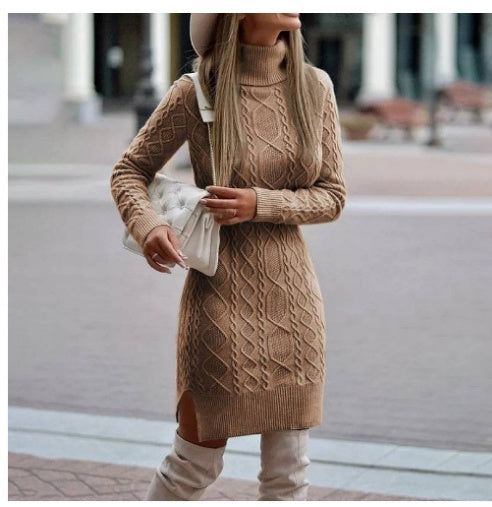 Fashion Turtleneck Knitted Dress With Slit Design Winter Warm Solid Color Pullover Long Sweater Women's Clothing