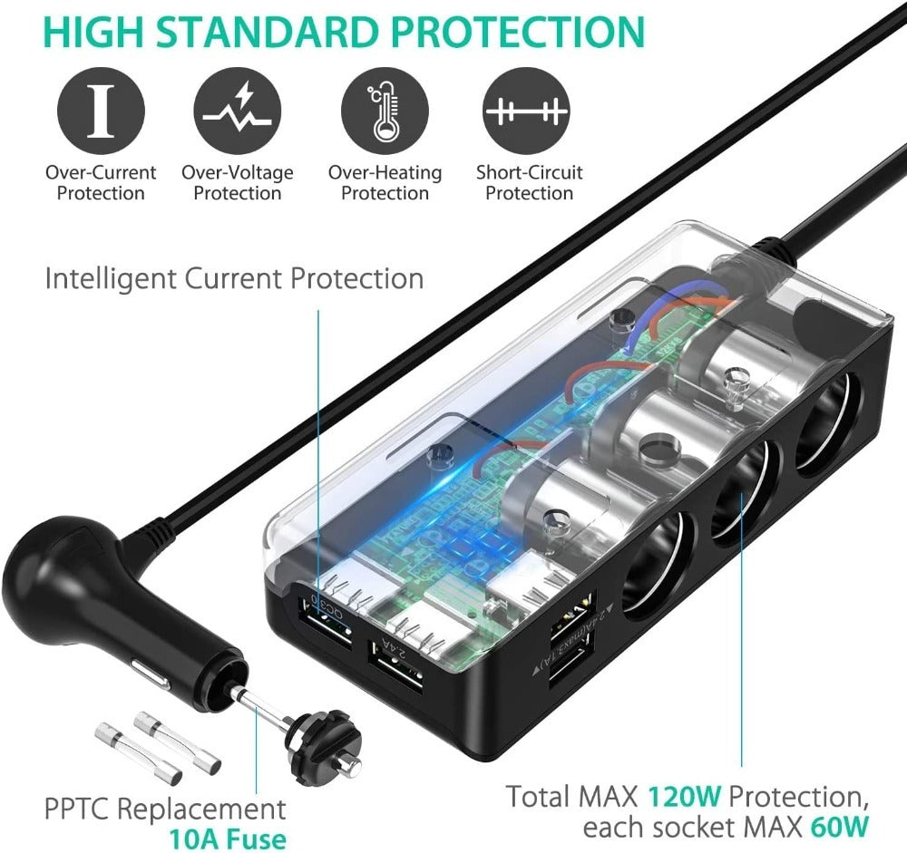 The Three-port Car Cigarette Lighter Adapter Expands One Socket To Three. It Provides A Steady Current To The Power Supply, Is Easy To Install, And Is Ideal For Worry-free Power Use During Travel.