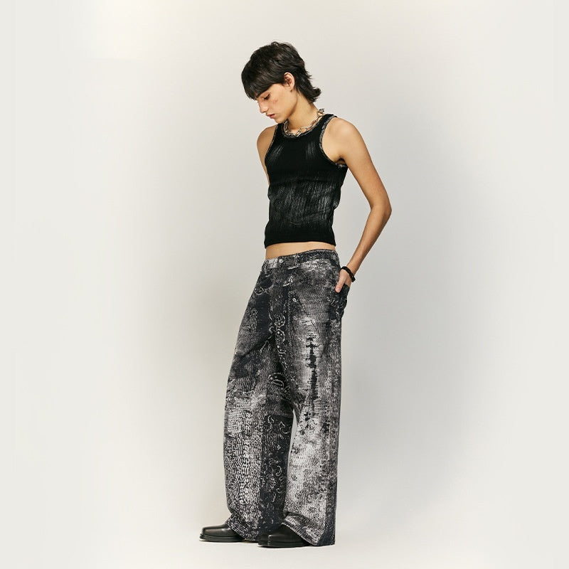 Vintage Paisley Digital Printing Jeans Straight-leg Pants