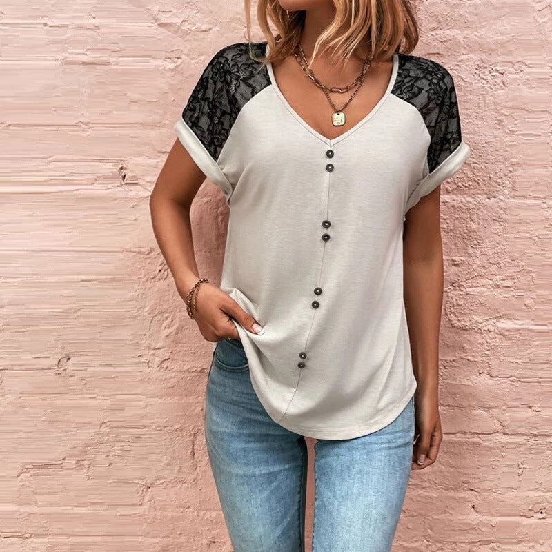 Women's T-Shirt Lace Stitching V-neck Top With Button Casual Summer Short Sleeve Pullover Shirt