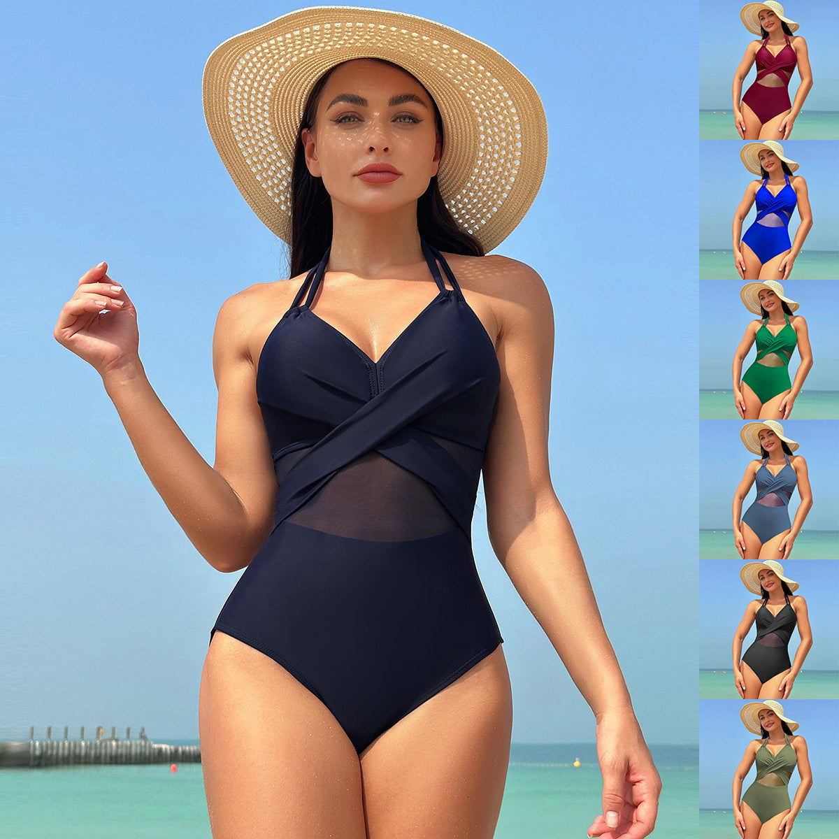 Maillots de bain en une seule pièce en co-drapeau d'été Solide couleur croix Conception Mesh Bikini Beach Vacances Femmes