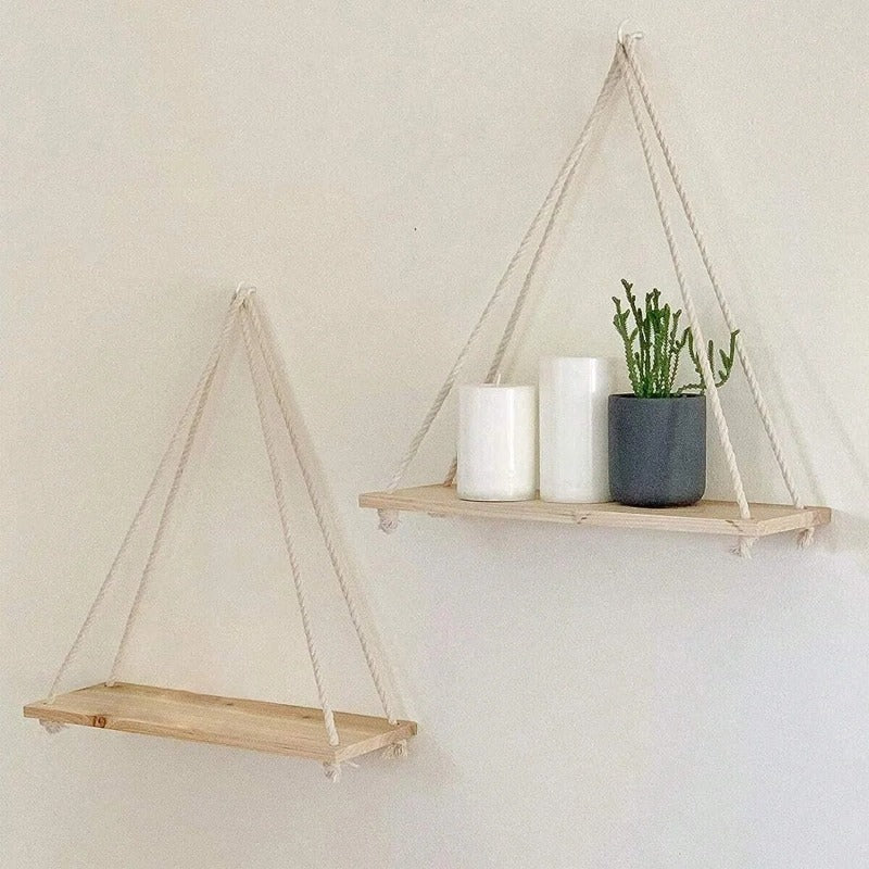 Wooden Swing Hanging Hemp Rope Wall Shelve Mounted Floating Home Living Room Plant Flower Pot Tray Storage Garden Decoration