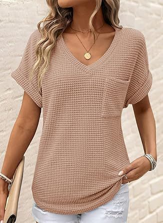 V-neck Summer Short Sleeve Waffle Pocket Shirt