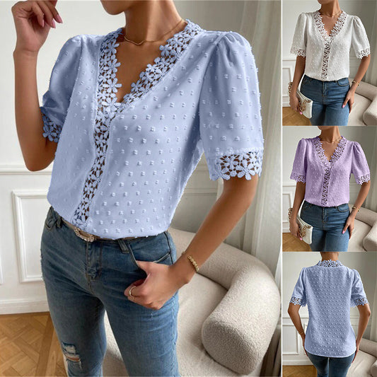 Floral Lace Short Sleeve Shirt Summer Fashion V-Neck Tops Women's Clothing