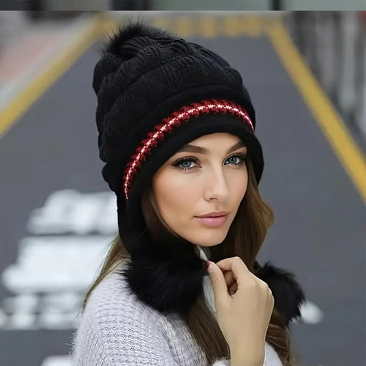 Cozy Knit Fleece-Feel Beanie With Ear Flaps & Pompom Warm Winter Hat For Women Perfect For Skiing & Outdoor Activities