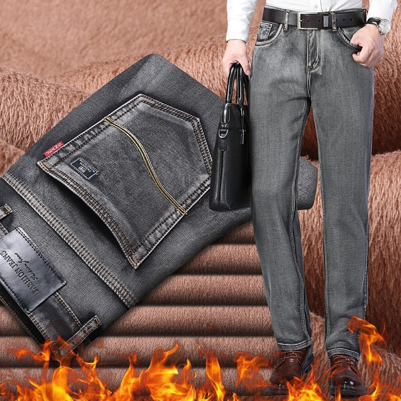 Winter Slim Fit Elastic Straight Thick Jeans Men's