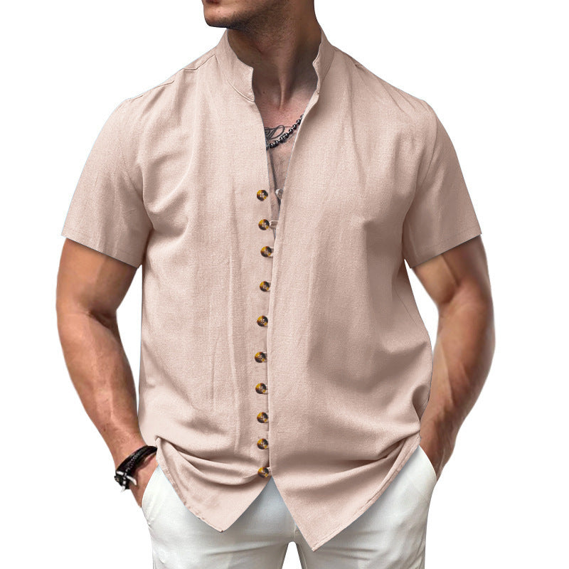 Linen Button Stand Collar Short Sleeve Shirt