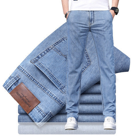 Men's Loose Elastic Jeans Straight Solid Color Casual Trousers