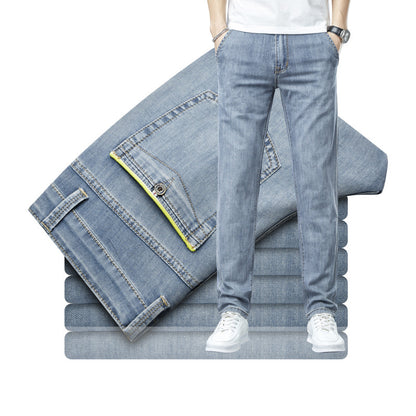 Men's Loose Elastic Jeans Straight Solid Color Casual Trousers