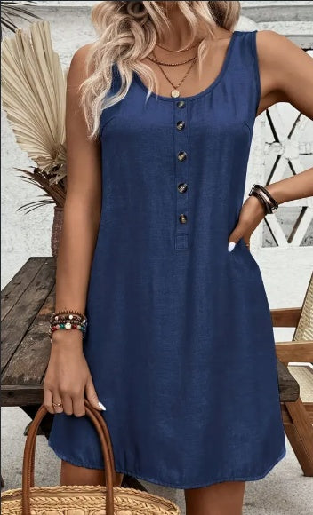 Robe bouton pour femmes élégante sans manches, couleur unie, longueur courte