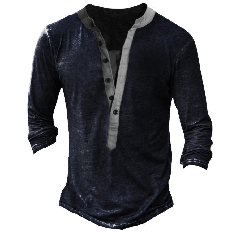 Casual V-neck Long Sleeve Digital Print Slim Pullover Men's T-shirt