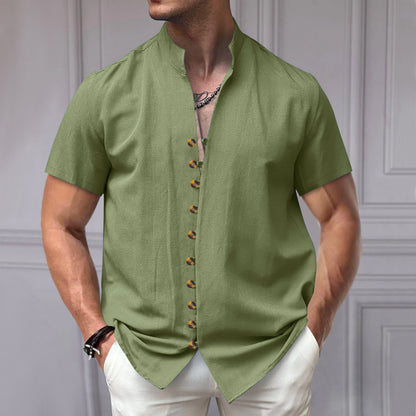 Linen Button Stand Collar Short Sleeve Shirt