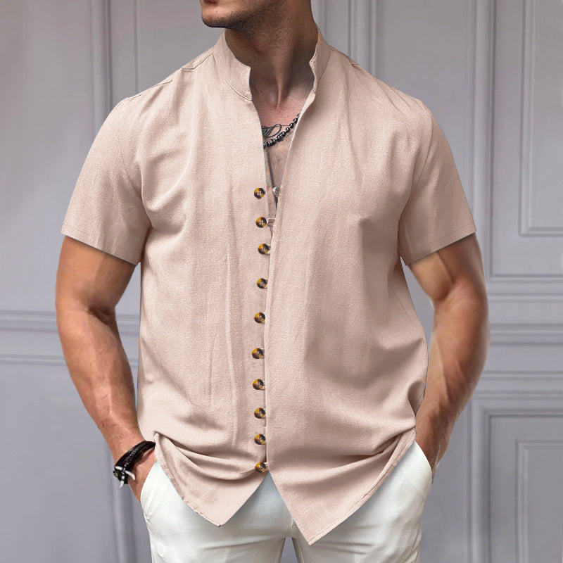 Linen Button Stand Collar Short Sleeve Shirt